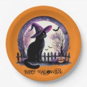 ハロウィーンブラックキャットウィッチとこうもり ペーパープレート (正面)