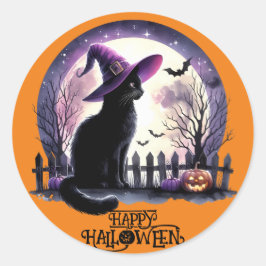 ハロウィーンブラックキャットウィッチとこうもり ラウンドシール