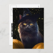 ハロウィーンブラックキャットウィッチハットとカボチャ シーズンポストカード (正面/裏面)