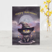 ハロウィーンブラックキャットウィッチハットイラストレーション カード (黄色い花)