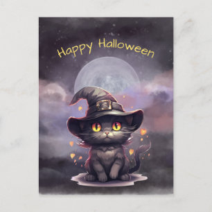ハロウィーンブラックキャットウィッチハットイラストレーション シーズンポストカード