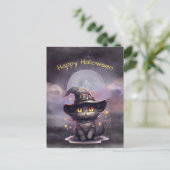 ハロウィーンブラックキャットウィッチハットイラストレーション シーズンポストカード (スタンド正面)