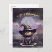 ハロウィーンブラックキャットウィッチハットイラストレーション シーズンポストカード (正面/裏面)
