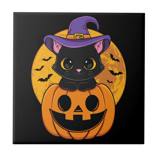 ハロウィーンブラックキャットウィッチハットカボチャ子供へギル タイル (正面)