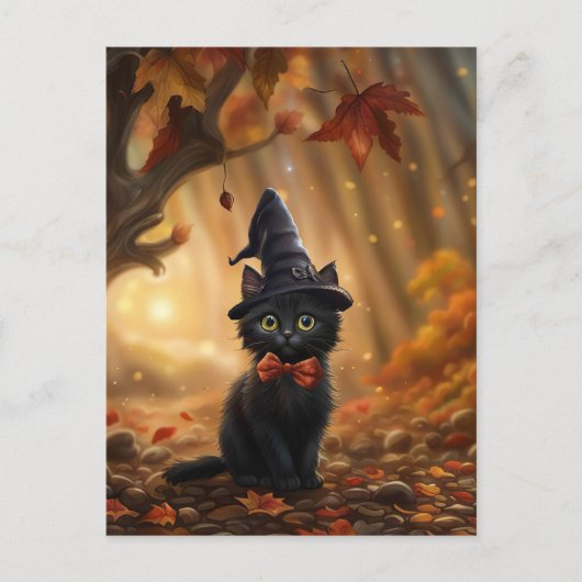 ハロウィーンブラックキャットウィッチハット紅葉かわいい シーズンポストカード (正面)
