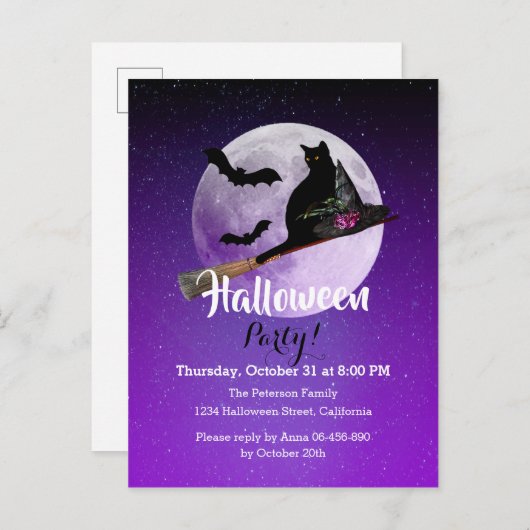 ハロウィーンブラックキャットオンブロムフルムーンパーティー インビテーションポストカード (正面/裏面)