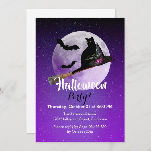 ハロウィーンブラックキャットオンブロムフルムーンパーティー 招待状 (正面/裏面)