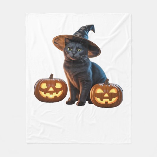 ハロウィーンブラックキャットクラシック魔法Tシャツ フリースブランケット (正面)