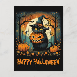 ハロウィーンブラックキャットクリープンプキンフルムーン ポストカード