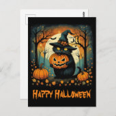 ハロウィーンブラックキャットクリープンプキンフルムーン ポストカード (正面/裏面)