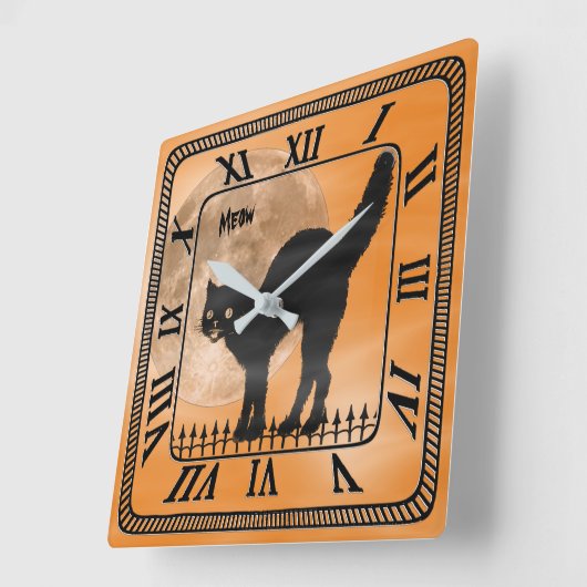 ハロウィーンブラックキャットシルエット |オレンジ スクエア壁時計 (傾斜)