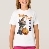 ハロウィーンブラックキャットハロウィーンのカボチャのちょうちんトリックまたはトリート Tシャツ (正面)