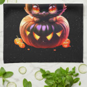 ハロウィーンブラックキャットパンプキンナイトホラー怖い キッチンタオル (折り畳み)