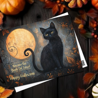 ハロウィーンブラックキャットフルムーン華美 ポストカード