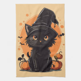 ハロウィーンブラックキャットフルムーン キッチンタオル