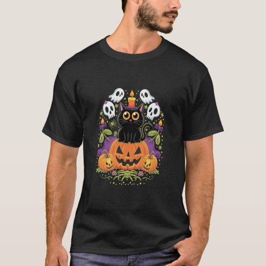 ハロウィーンブラックキャット不気味- Cat Tシャツ (正面)