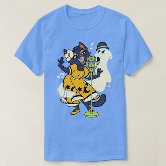 ハロウィーンブラックキャット幽霊歌 Tシャツ (デザイン正面)