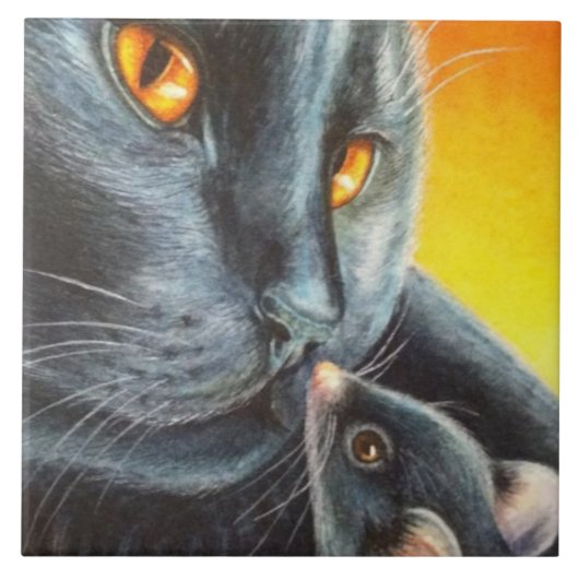 ハロウィーンブラックキャット&ブラックマウス水彩画 タイル (正面)