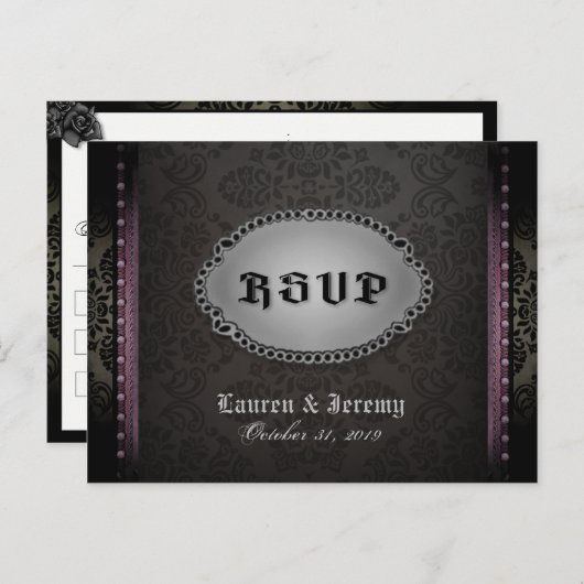 ハロウィーンブラックグレーパープルゴシックRSVPポストカード インビテーションポストカード (正面/裏面)