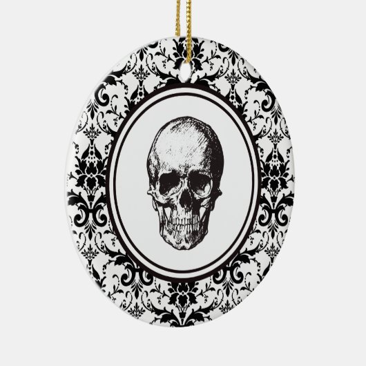 ハロウィーンブラックダマスクパターンスカル パーソナライズされた セラミックオーナメント (右)
