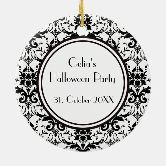 ハロウィーンブラックダマスクパターンスカル パーソナライズされた セラミックオーナメント (裏面)