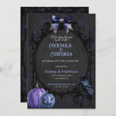 ハロウィーンブラックパープルレイヴン不気味スケルトン 招待状 (正面/裏面)