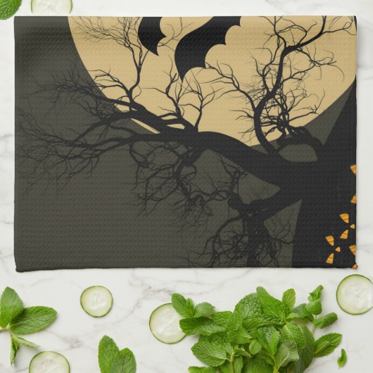 ハロウィーンブラックレッド幽霊のよく出るハウスこうもりフルムーン キッチンタオル (折り畳み)
