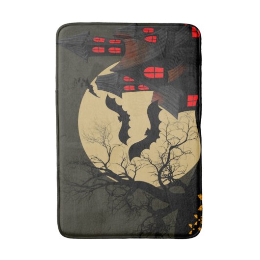 ハロウィーンブラックレッド幽霊のよく出るハウスこうもりフルムーン バスマット (正面縦)