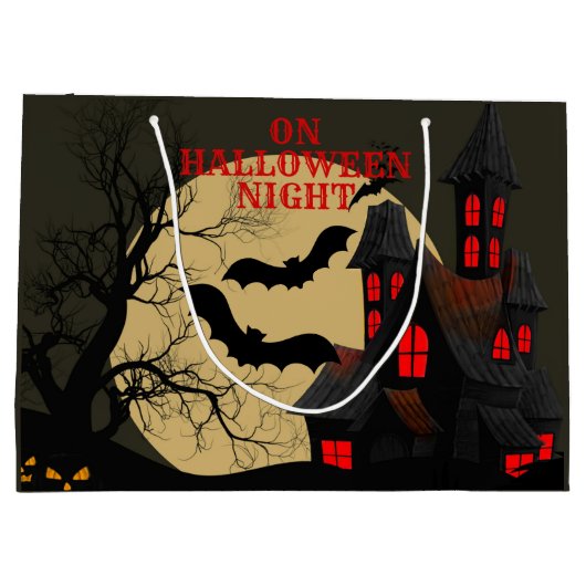 ハロウィーンブラックレッド幽霊のよく出るハウスこうもりフルムーン ラージペーパーバッグ (裏面)