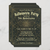 ハロウィーンブラック金ゴールドスパイダーウェブ&スターズヴィンテージ 招待状 (正面/裏面)