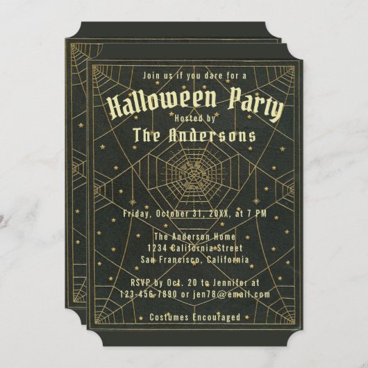 ハロウィーンブラック金ゴールドスパイダーウェブ&スターズヴィンテージ 招待状 (正面/裏面)