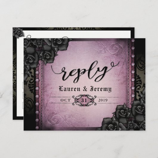 ハロウィーンブラック&パープルゴシック返信ポストカード インビテーションポストカード (正面/裏面)
