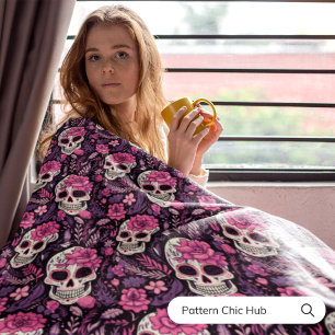 ハロウィーンブラック&ピンクシュガースカルモダンヴィンテージ フリースブランケット