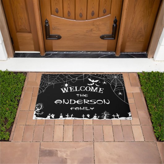 ハロウィーンブラック&ホワイトくもの巣スパイダーウェブ幽霊名 ドアマット (室外)