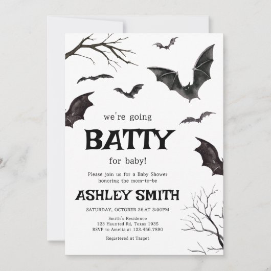 ハロウィーンブラック&ホワイトこうもり赤ちゃんシャワー 招待状 (正面)