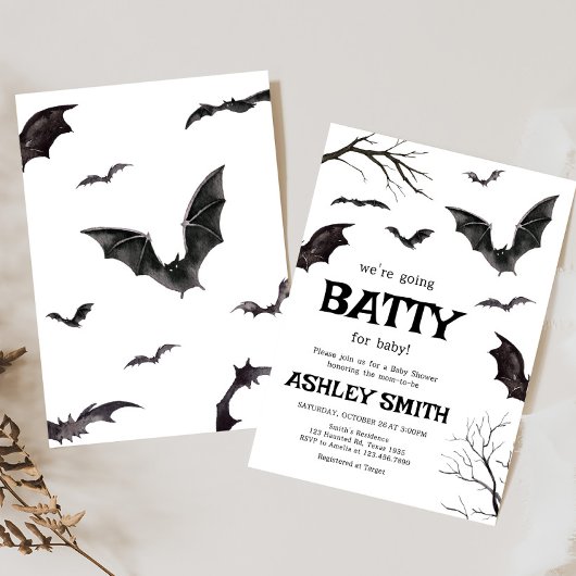 ハロウィーンブラック&ホワイトこうもり赤ちゃんシャワー 招待状