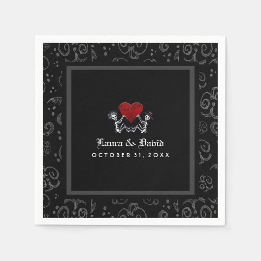ハロウィーンブラック&ホワイトスケルトン&ハート結婚ズ スタンダードカクテルナプキン (正面)