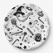 ハロウィーンブラック&ホワイト不気味ラインアート誕生日 ペーパープレート (正面)