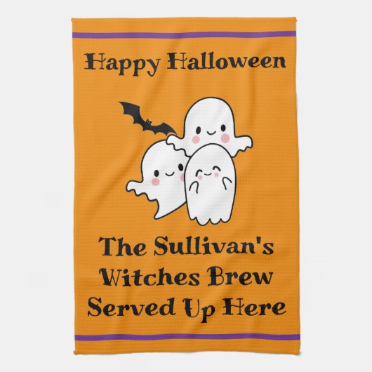 ハロウィーンブリューパーソナライズ幽霊こうもりオレンジ キッチンタオル (縦)