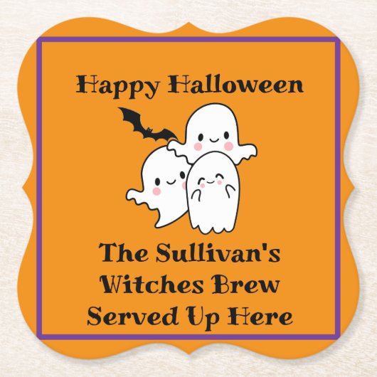 ハロウィーンブリューブーズパーソナライズ幽霊こうもりオレンジ ペーパーコースター (正面)