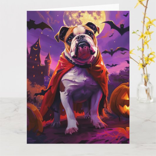 ハロウィーンブルドッグヴァンパイアパンプキンズ怖 カード (黄色い花)