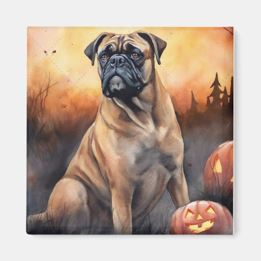 ハロウィーンブルマスティフとカボチャ怖い マグネット (正面)