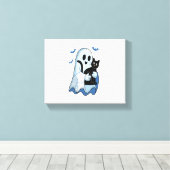 ハロウィーンブルーデニム幽霊アンドキャット キャンバスプリント (インサイチュ (ウッドフロア))