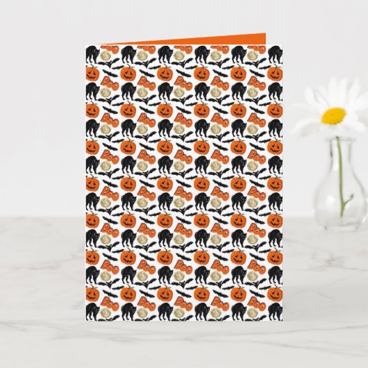 ハロウィーンブーこうもりキャットパンプキンアンドムーンスケッチ カード (小さな植物)