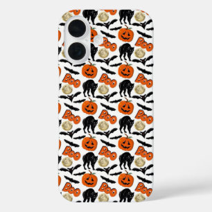 ハロウィーンブーこうもりキャットパンプキンアンドムーンスケッチ iPhone 16ケース