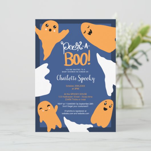 ハロウィーンブー幽霊オレンジ色の青い赤ちゃんシャワー 招待状 (スタンド正面)