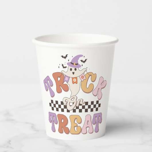 ハロウィーンブー幽霊トリックまたは名前でバッグを扱う 紙コップ (正面)