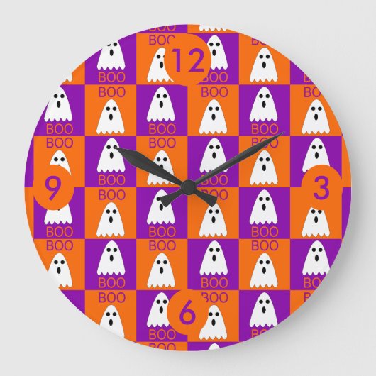 ハロウィーンブー幽霊紫とオレンジの正方形 ラージ壁時計 (正面)