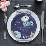ハロウィーンブー赤ちゃんシャワー食器を覗く ペーパープレート<br><div class="desc">Little booハロウィーンboo赤ちゃんシャワー食器パーソナライズされた紙プレート。ハロウィーンをテーマにした赤ちゃんシャワーのための暗い星空の夜の背景に可愛いベビーカボチャの幽霊水の色あめキャンドル。</div>