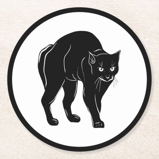 ハロウィーンプロウリングブラックキャットシルエットスケッチ ラウンドペーパーコースター (正面)
